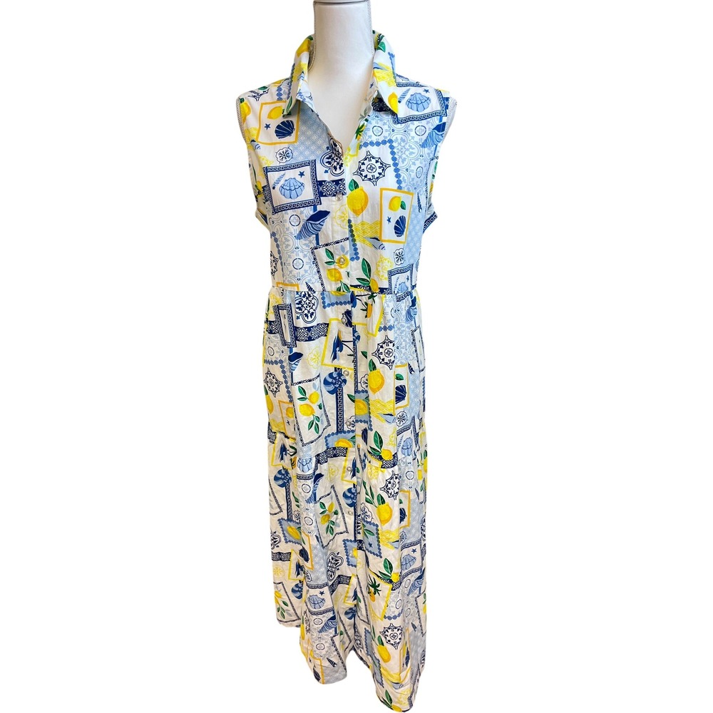 ALEX LEMONADE STAND Tiered Maxi Shirt Dress Sz L NWT Lemon Coastal Mediterranean
